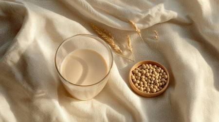 Minimalist arrangement of soy milk in a glass, with a small bowl of soybeans placed beside it on a soft fabric, emphasizing simplicity and healthの素材