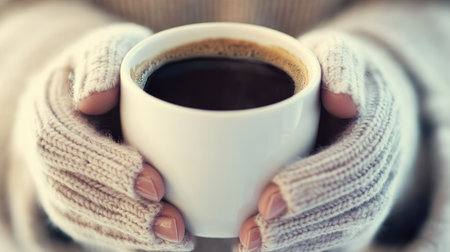 Close-up of a woman's hands in fingerless gloves, holding a warm coffee cup on a chilly morningの素材
