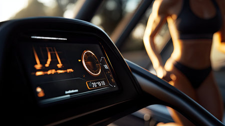 Close-up of a treadmill display showing speed and distance, with a female athlete running in the backgroundの素材