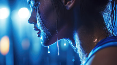 Close-up of sweat dripping down a female athlete's neck as she runs on a treadmill under gym lightingの素材