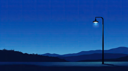 Modern street lamp with an LED light fixture, silhouetted against the evening sky turning shades of blueの素材
