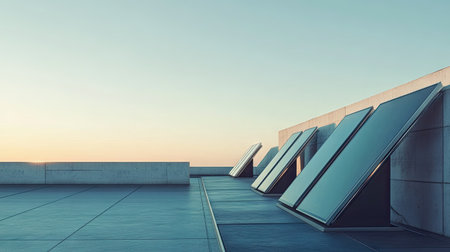 Modern solar panels with metallic finishes, placed on an urban rooftop against a soft blue skyの素材