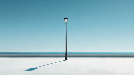 Minimalist street lamp casting a long shadow under a clear blue sky, evoking simplicity and eleganceの素材