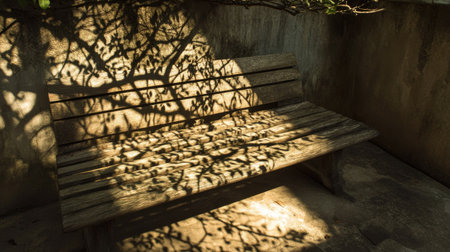 Morning sunlight casting intricate shadows of tree branches onto a rustic wooden benchの素材
