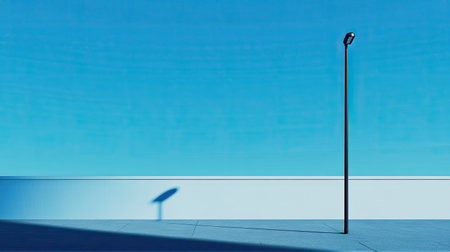 Minimalist street lamp casting a long shadow under a clear blue sky, evoking simplicity and eleganceの素材