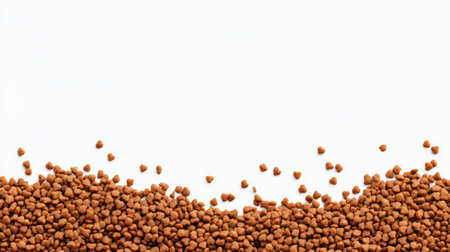 Close-up of kibble texture in a large pile of dry dog food, placed against a seamless white backgroundの素材