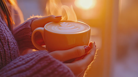 Close-up of warm female hands holding a coffee cup with delicate latte art, captured in soft morning lightの素材