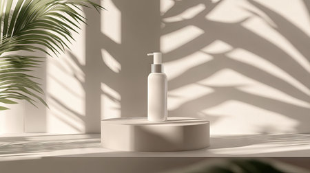 Product showcase featuring a crme lotion bottle on a minimalist podium, illuminated with soft, cool lighting to enhance the clean, luxurious feelの素材