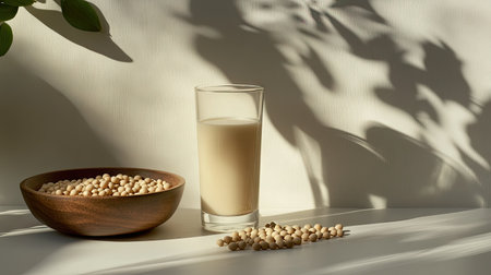 Close-up of soy milk in a glass placed next to a bowl of fresh soybeans, arranged on a white surface with subtle light filtering throughの素材
