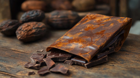 Open chocolate bar wrapper with smooth, dark chocolate pieces spilling out onto a wooden surface, with cocoa pods in the backgroundの素材