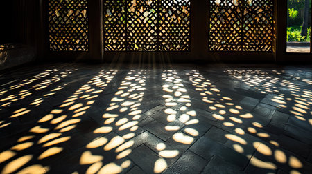 Morning sunlight streaming through a lattice, creating intricate shadow patterns on the groundの素材