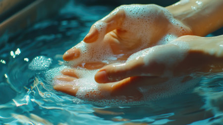 A close-up of hands scrubbing with soap under running water, with the water sparkling and creating ripples in the sink.の素材