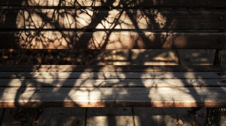 Morning sunlight casting intricate shadows of tree branches onto a rustic wooden benchの素材