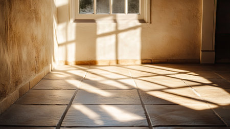 Morning sun shining through a window frame, casting geometric shadows on a tiled floorの素材