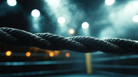 A close-up view of the ropes in a boxing ring, highlighted by soft spotlights in a dimly lit gym.の素材