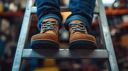 A close-up shot of a man's safety shoe securely placed on a ladder rung in a workshop.の素材