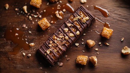 Piece of chocolate bar with milk chocolate and caramel drizzling, surrounded by small pieces of toffee and nuts on a wooden surfaceの素材