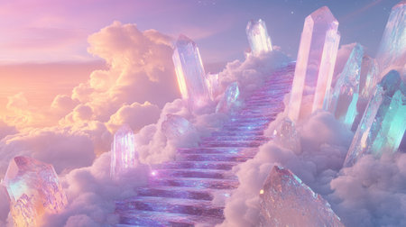 A fantasy staircase of shimmering crystals leading up into a dreamy pastel-colored sky.の素材