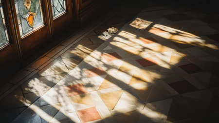 Morning sun shining through a window frame, casting geometric shadows on a tiled floorの素材