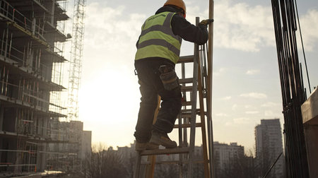 A construction worker in reflective gear and safety shoes climbing a step ladder at a building site.の素材