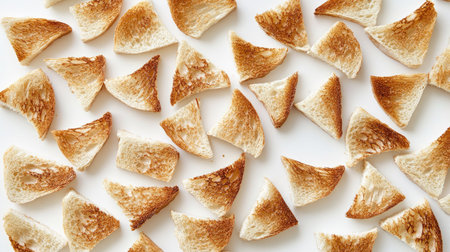 Neatly arranged toast bread pieces in a fan-like pattern, emphasizing their crisp texture on a white backgroundの素材