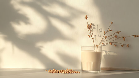 Raw soybeans and a fresh glass of soy milk placed on a light gray surface, creating a clean and minimalist look with natural lightの素材