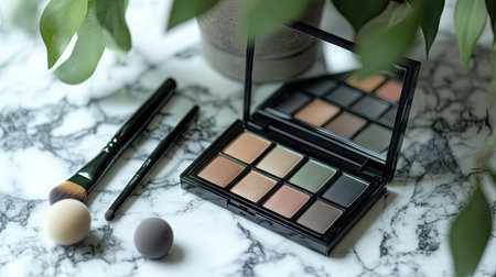 Professional makeup setup with an eyeshadow palette, brushes, and a beauty sponge on a marble-textured surfaceの素材