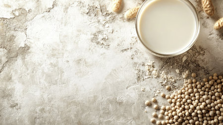 Raw soybeans and a fresh glass of soy milk placed on a light gray surface, creating a clean and minimalist look with natural lightの素材