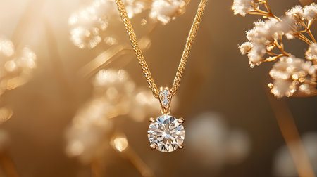 A close-up shot of a luxury natural diamond pendant hanging on a fine gold chain, sparkling softly under natural light.の素材