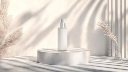 Professional mockup of a crme lotion bottle on a chic podium, softly lit and surrounded by soft textures to create an upscale, high-end atmosphereの素材