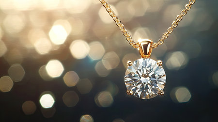 A close-up shot of a luxury natural diamond pendant hanging on a fine gold chain, sparkling softly under natural light.の素材
