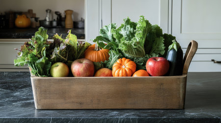 A collection of fresh vegetables and fruits in a wooden basket, featuring pumpkins, apples, and leafy greens, placed on a rustic kitchen countertop.の素材