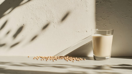 Raw soybeans and a fresh glass of soy milk placed on a light gray surface, creating a clean and minimalist look with natural lightの素材