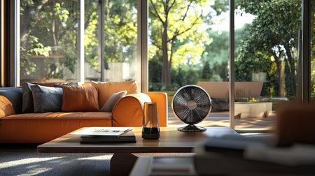 A tabletop fan with metallic blades placed on a coffee table, surrounded by a cozy living room settingの素材
