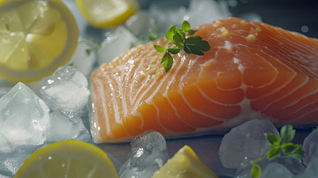 A fresh raw salmon fillet on ice, with a few lemon slices and herbs placed nearby for garnishの素材