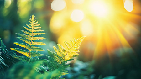 A vibrant fern leaf in a garden with contrasting dark green foliage and a blurred background of sunlightの素材