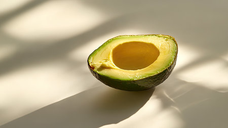 A fresh avocado with one half peeled and the pit removed, laid on a white surface with smooth lightingの素材