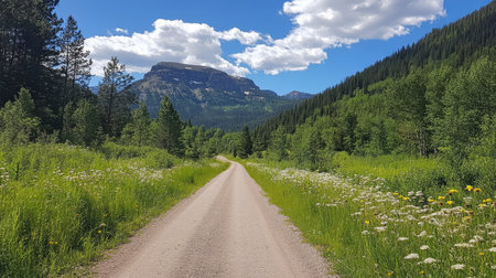 A rural mountain road lined with tall green grass and wildflowers, leading into a distant forested mountain rangeの素材