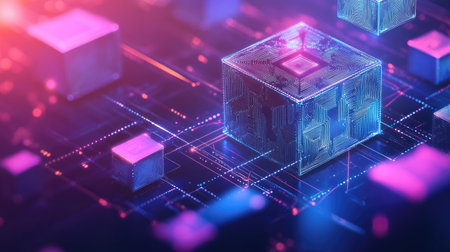 A vibrant blockchain concept with digital nodes and lines glowing against a gradient tech-inspired backgroundの素材