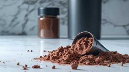 A scoop of chocolate protein powder spilling onto a white surface, with a shaker bottle in the background.の素材