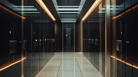 Modern, high-security lockers in a luxury building, designed with cutting-edge technology and sleek aesthetics.の素材