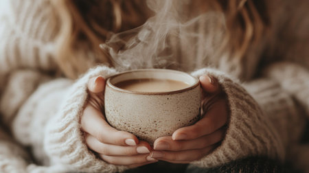 Close-up of delicate female hands wrapped around a steaming coffee cup, with a soft woolen sweater in the backgroundの素材
