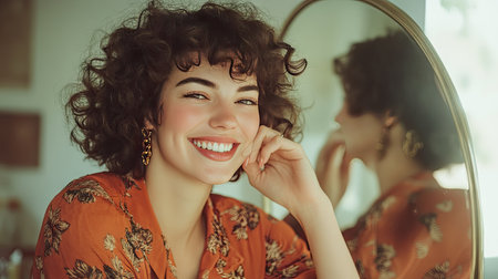 A smiling woman with thick curly hair, posing in front of a large mirror, adjusting her outfit and exuding confidenceの素材
