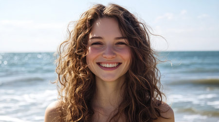 A smiling woman with long, healthy curly hair, enjoying a sunny day at the beach, with the ocean in the backgroundの素材