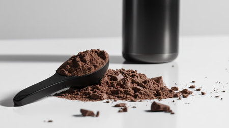 A scoop of chocolate protein powder spilling onto a white surface, with a shaker bottle in the background.の素材