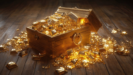 A treasure chest overflowing with gold bars and sparkling gold jewelry, set on a wooden floor with dramatic lightingの素材