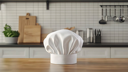 A white chef hat neatly placed on a wooden kitchen counter, with kitchen utensils and a cutting board in the backgroundの素材