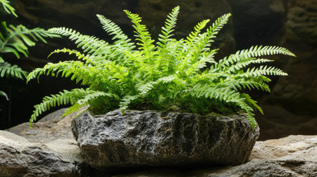 A fern plant growing on a rock, with lush green leaves standing out against a natural rocky backdropの素材