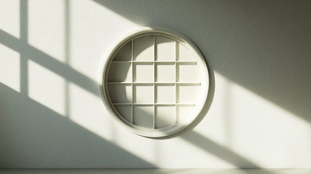 A round window with a simple visor, casting soft shadows on a light wall as morning sunlight pours throughの素材