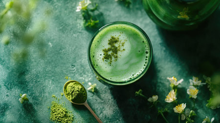 Close-up of matcha green tea in a glass cup, resting on a rich green surface with a teaspoon of matcha powder next to it, inviting a calming feelの素材